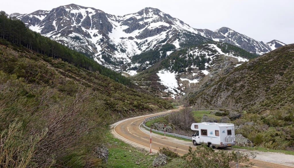 RV on a road in the mountains